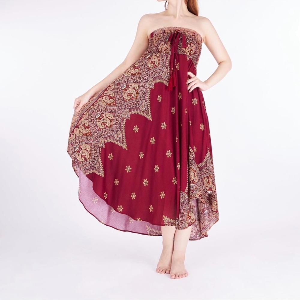 Boho Maxi Skirt Burgundy Peacock Print Size S/M